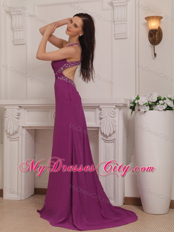 One Shoulder Chiffon Beaded Prom Dress Fuchsia with Brush Train