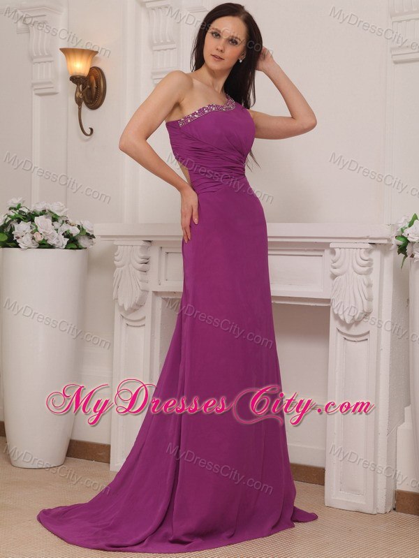 One Shoulder Chiffon Beaded Prom Dress Fuchsia with Brush Train