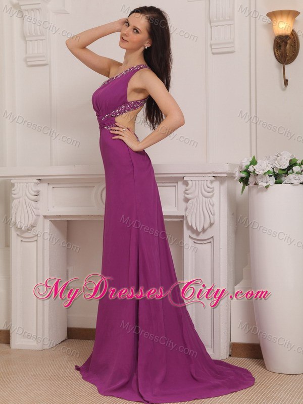 One Shoulder Chiffon Beaded Prom Dress Fuchsia with Brush Train