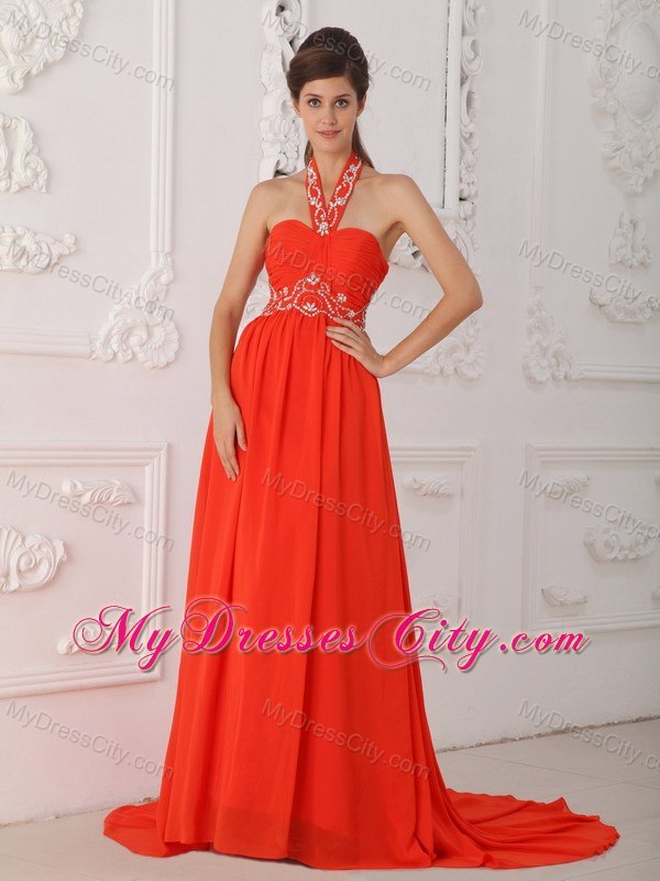 Red Empire Halter Chiffon Beaded Red Prom Dress with Court Train