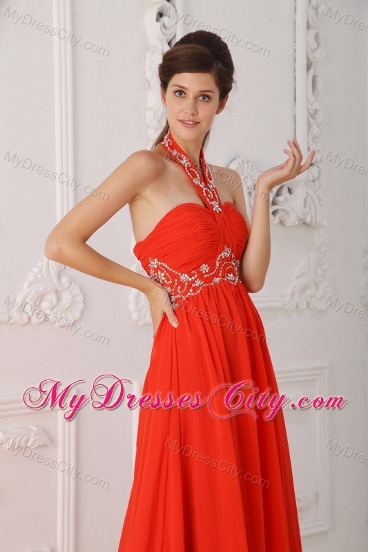 Red Empire Halter Chiffon Beaded Red Prom Dress with Court Train