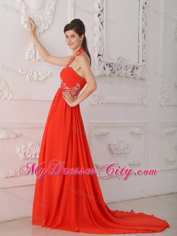 Red Empire Halter Chiffon Beaded Red Prom Dress with Court Train