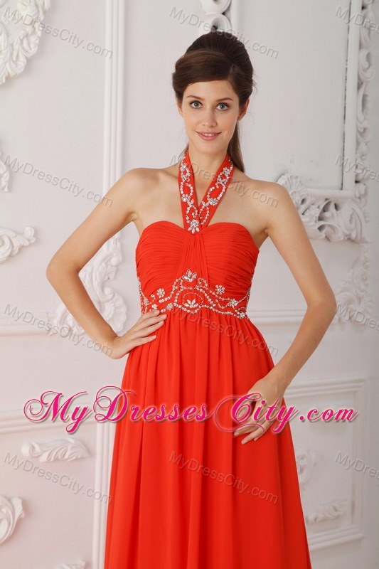 Red Empire Halter Chiffon Beaded Red Prom Dress with Court Train