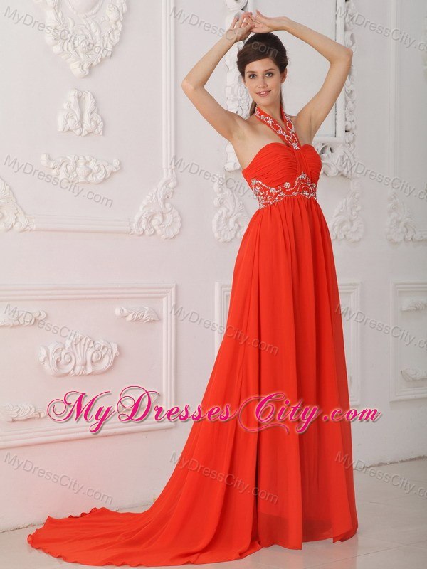 Red Empire Halter Chiffon Beaded Red Prom Dress with Court Train