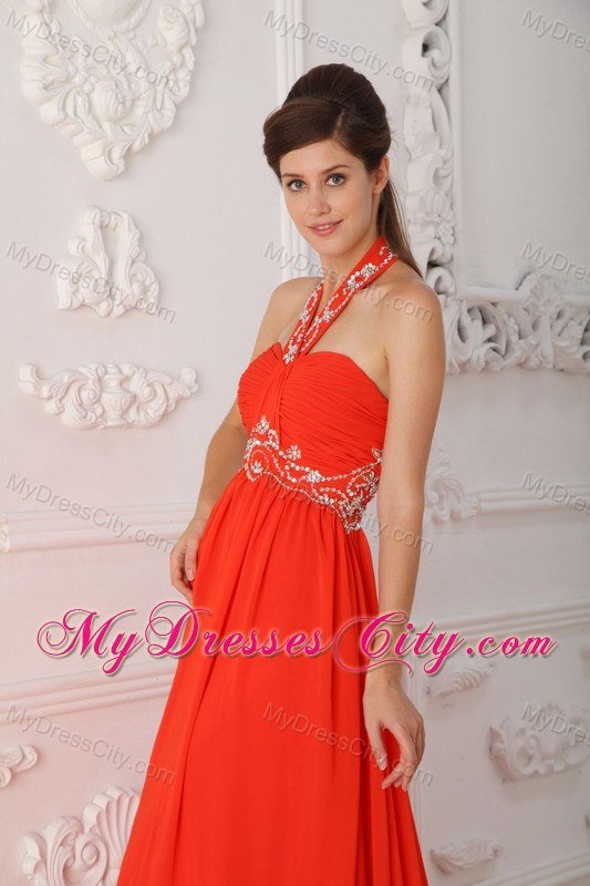 Red Empire Halter Chiffon Beaded Red Prom Dress with Court Train