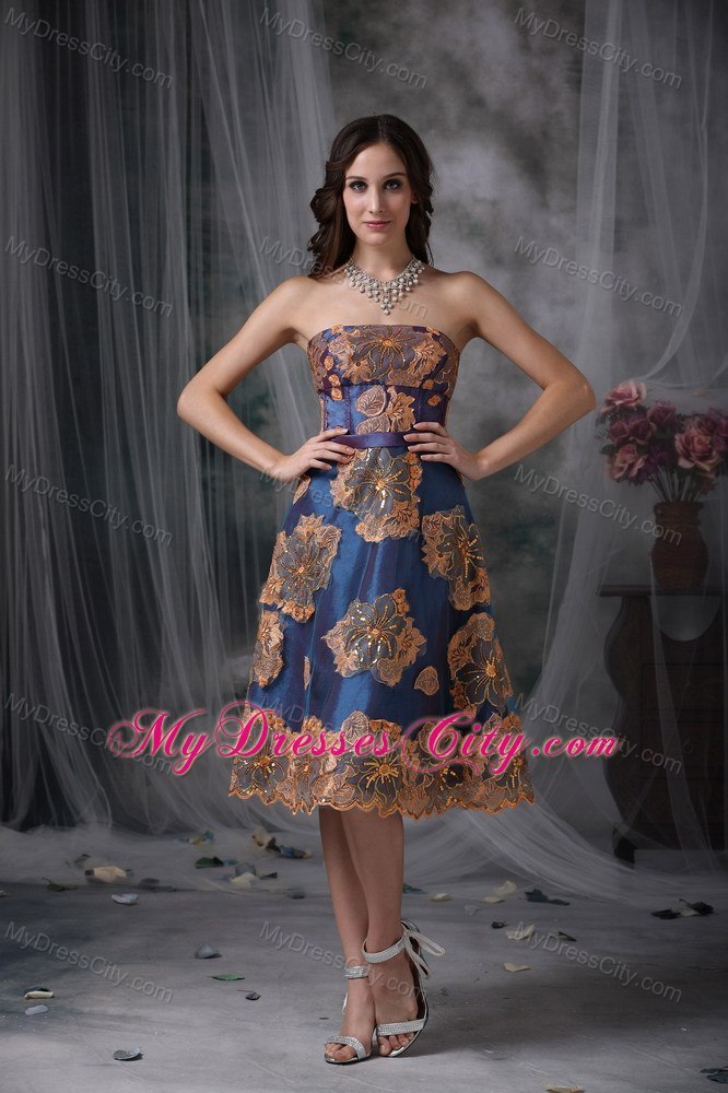 A-line Strapless Tea-length Appliqued Evening Dress Navy Blue