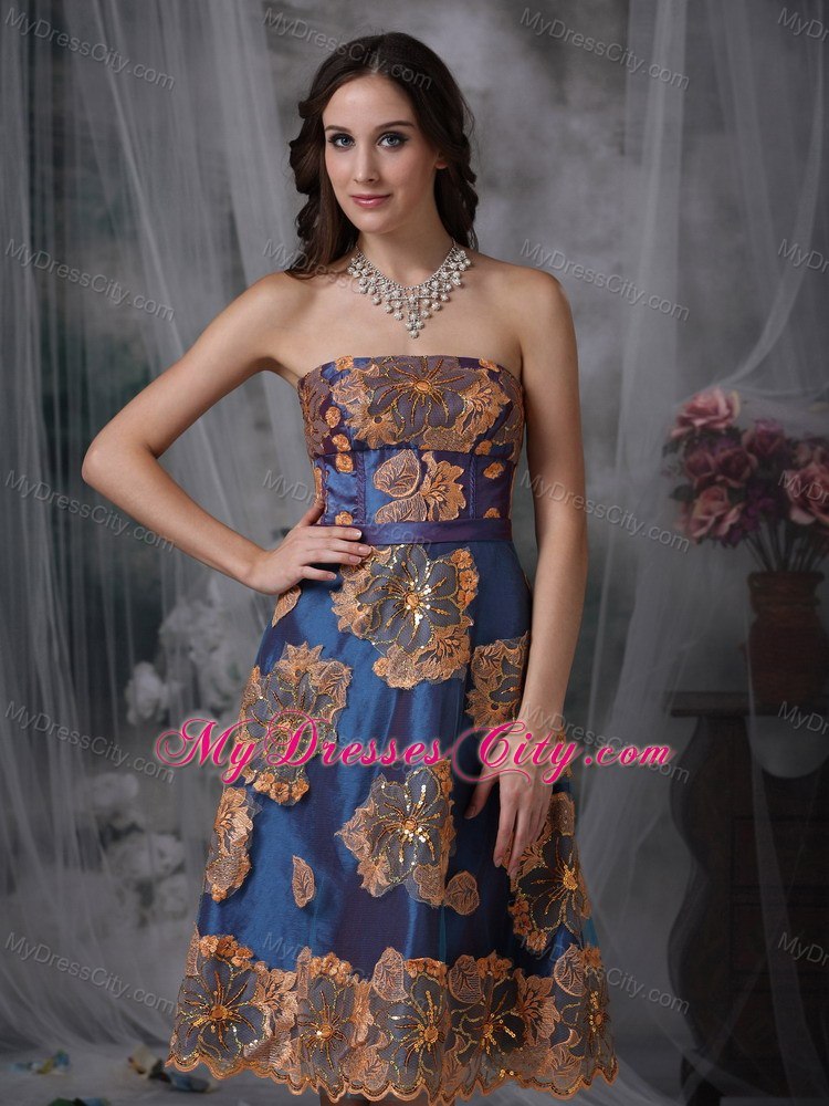 A-line Strapless Tea-length Appliqued Evening Dress Navy Blue