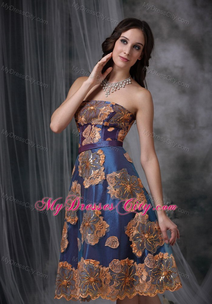 A-line Strapless Tea-length Appliqued Evening Dress Navy Blue