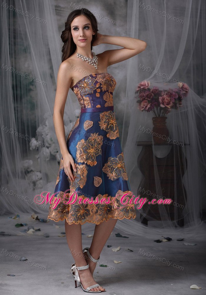 A-line Strapless Tea-length Appliqued Evening Dress Navy Blue