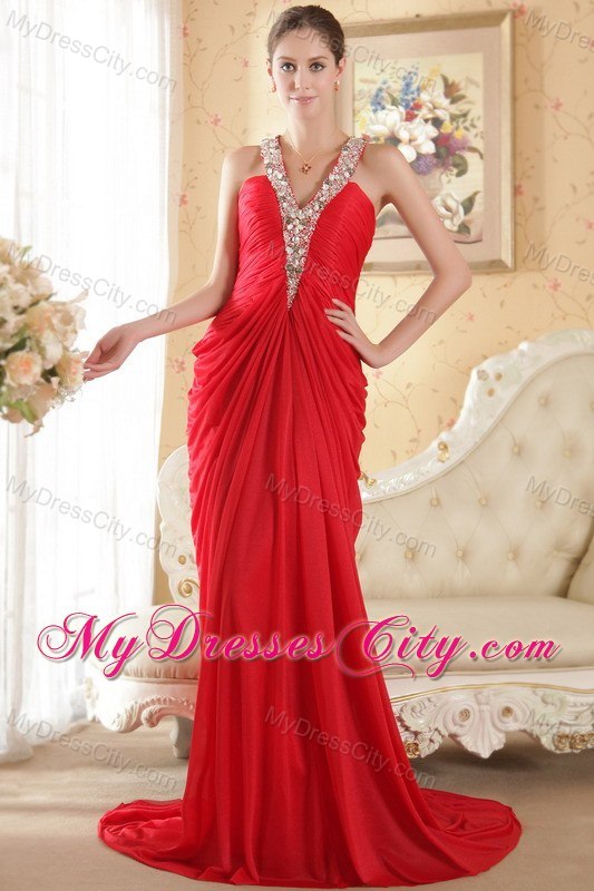 Red Halter Chiffon Beaded and Ruch Prom Dress with Chapel Train