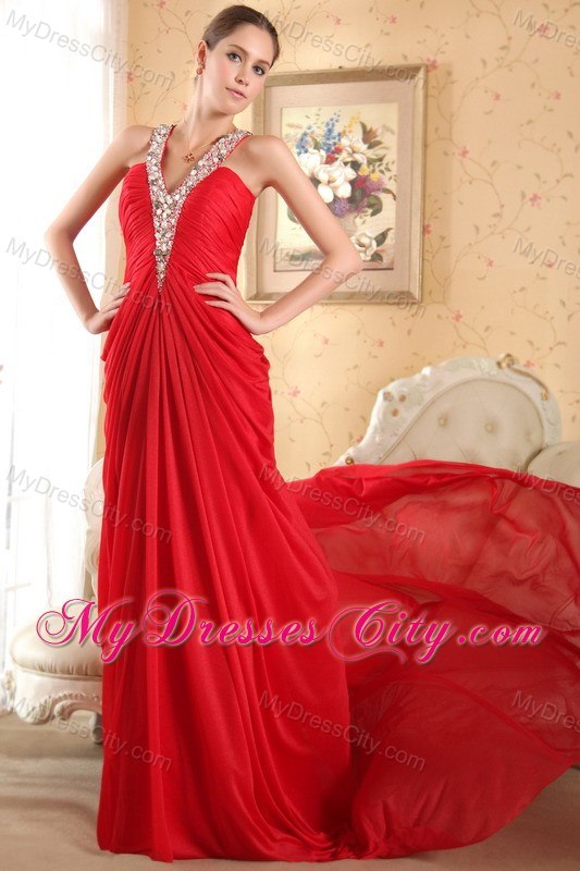 Red Halter Chiffon Beaded and Ruch Prom Dress with Chapel Train