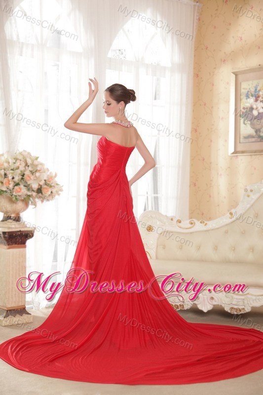 Red Halter Chiffon Beaded and Ruch Prom Dress with Chapel Train