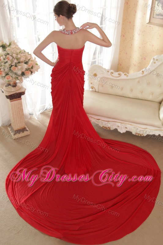 Red Halter Chiffon Beaded and Ruch Prom Dress with Chapel Train