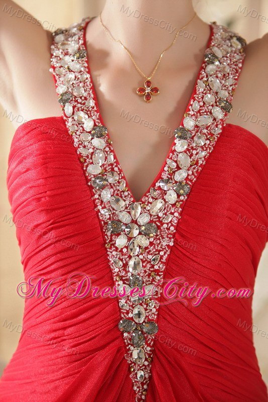 Red Halter Chiffon Beaded and Ruch Prom Dress with Chapel Train