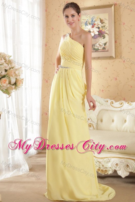 One Shoulder Brush Train Chiffon Beaded and Ruch Prom Dress Yellow