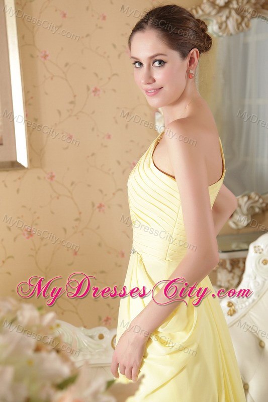 One Shoulder Brush Train Chiffon Beaded and Ruch Prom Dress Yellow