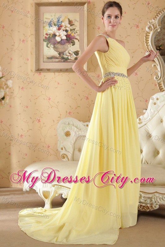 One Shoulder Brush Train Chiffon Beaded and Ruch Prom Dress Yellow