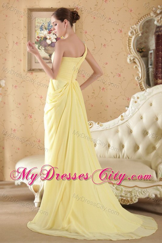 One Shoulder Brush Train Chiffon Beaded and Ruch Prom Dress Yellow