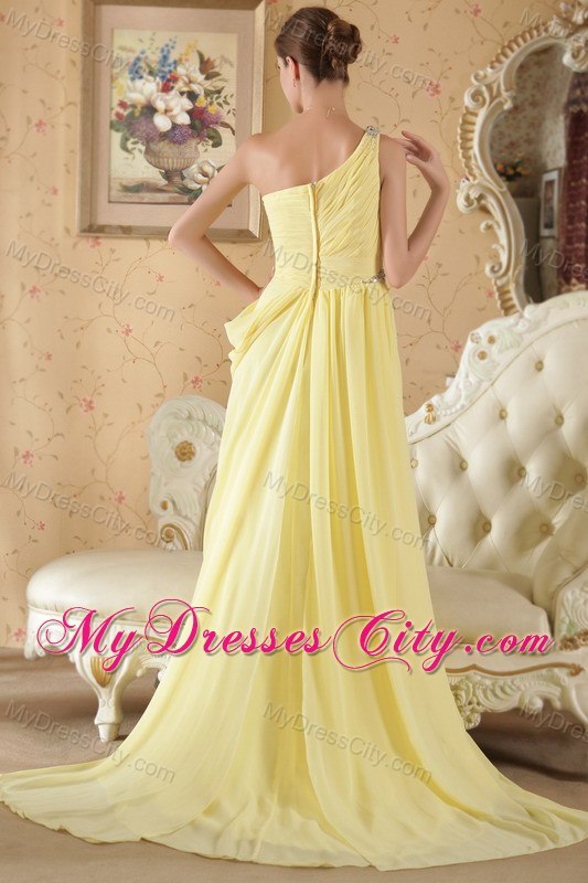 One Shoulder Brush Train Chiffon Beaded and Ruch Prom Dress Yellow