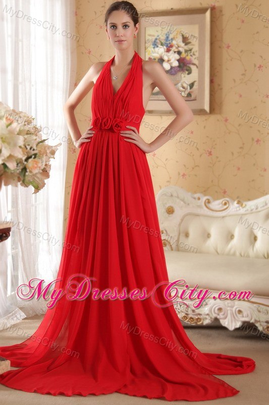 Red Halter Hand Made Flowers and Ruched Prom Dress Court Train