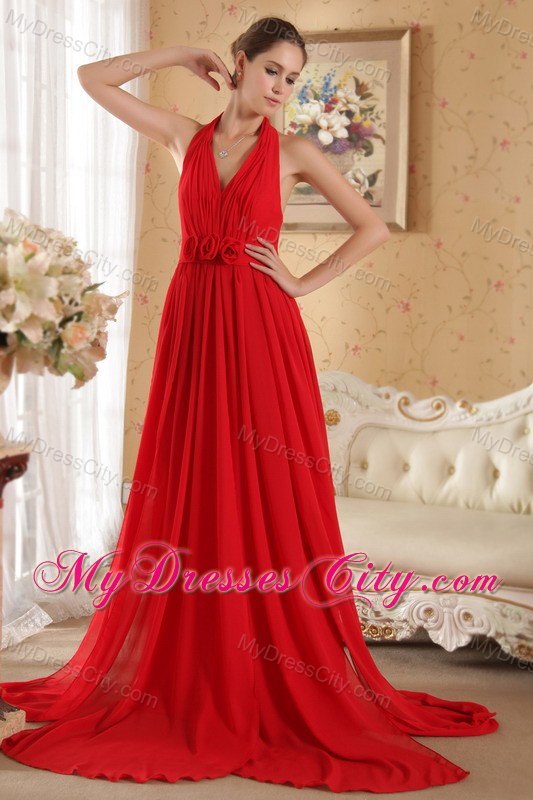 Red Halter Hand Made Flowers and Ruched Prom Dress Court Train