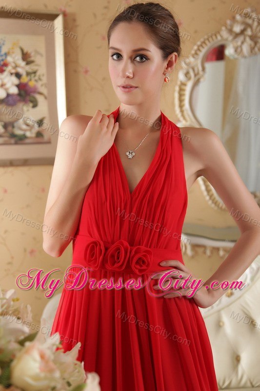 Red Halter Hand Made Flowers and Ruched Prom Dress Court Train