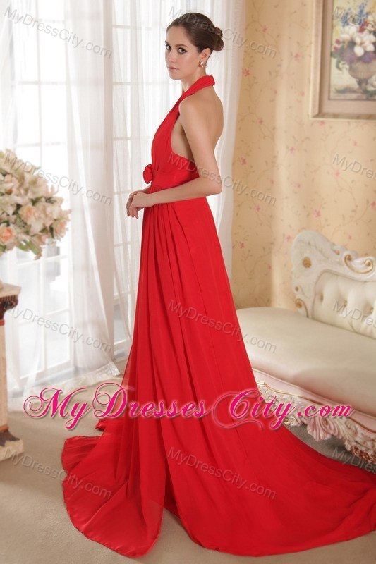 Red Halter Hand Made Flowers and Ruched Prom Dress Court Train