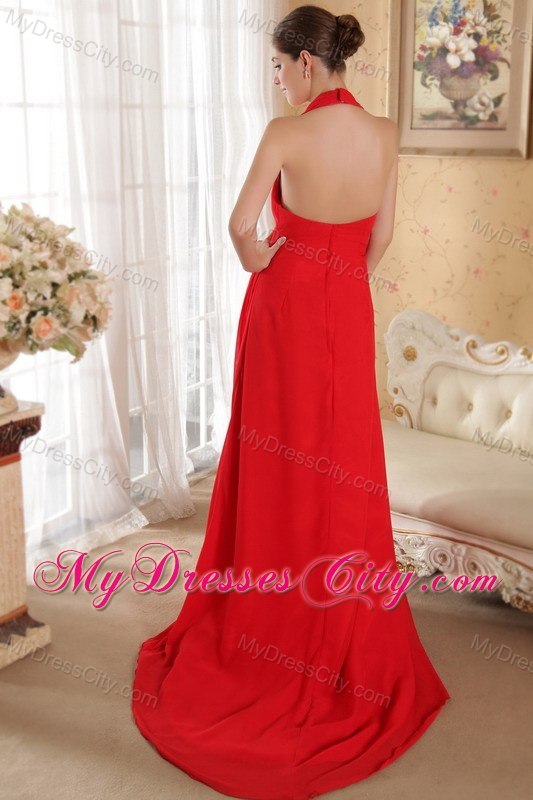 Red Halter Hand Made Flowers and Ruched Prom Dress Court Train