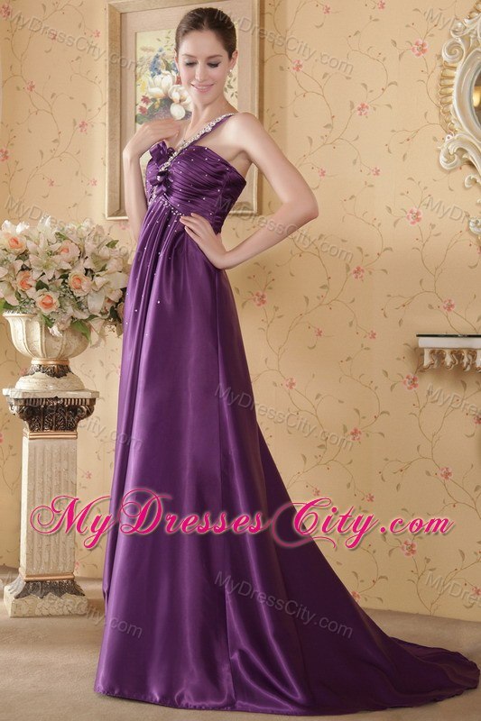 Eggplant One Shoulder Beaded Ruched Prom Dress with Brush Train