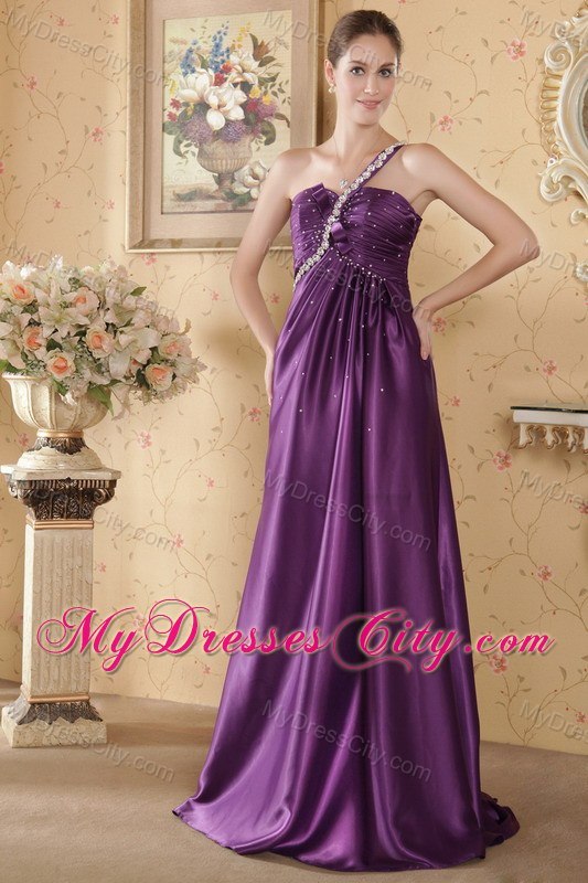 Eggplant One Shoulder Beaded Ruched Prom Dress with Brush Train