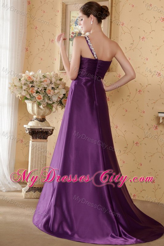 Eggplant One Shoulder Beaded Ruched Prom Dress with Brush Train