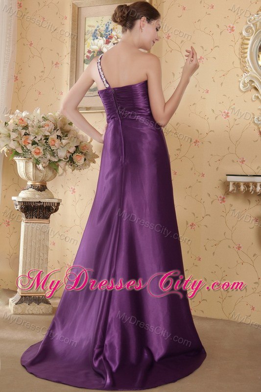 Eggplant One Shoulder Beaded Ruched Prom Dress with Brush Train