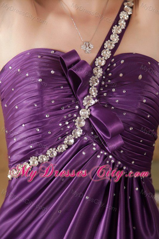 Eggplant One Shoulder Beaded Ruched Prom Dress with Brush Train