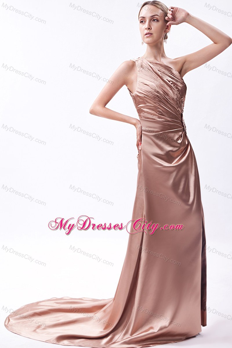 Brown One Shoulder Prom Dress Taffeta Beading Court Train