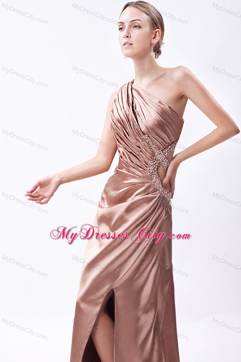 Brown One Shoulder Prom Dress Taffeta Beading Court Train