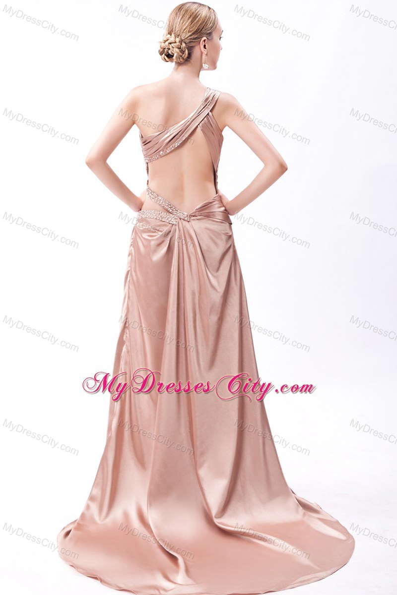 Brown One Shoulder Prom Dress Taffeta Beading Court Train