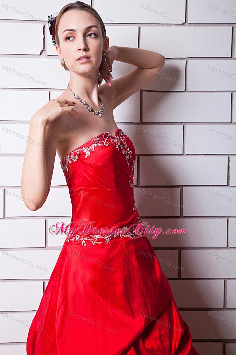 A-line Strapless Taffeta Appliqued Floor-length Prom Dress Red