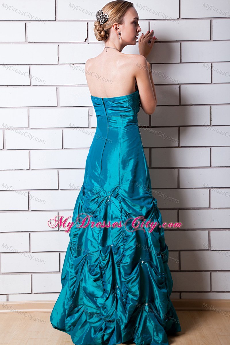 Teal A-line Strapless Floor-length Taffeta Beaded Prom Dress