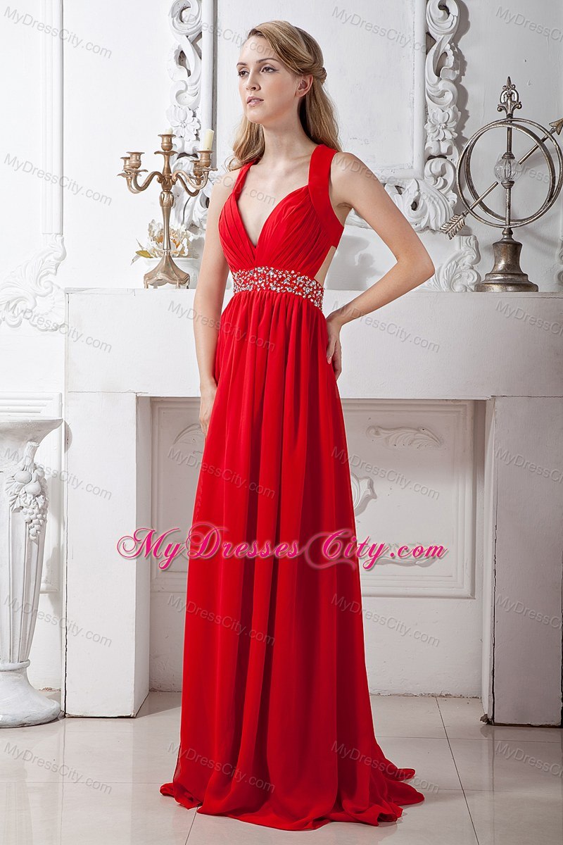 V-neck Chiffon Beaded Homecoming Dress Red with Cross Back