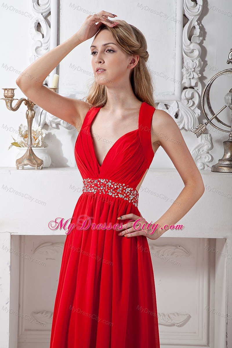 V-neck Chiffon Beaded Homecoming Dress Red with Cross Back