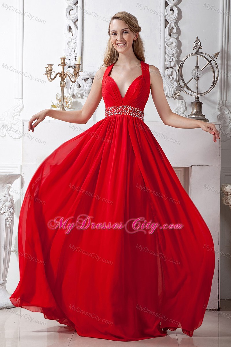 V-neck Chiffon Beaded Homecoming Dress Red with Cross Back