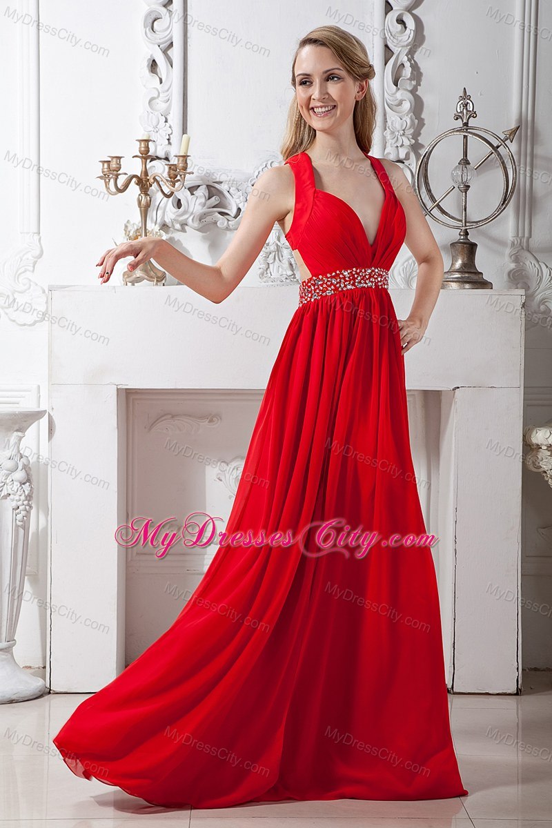 V-neck Chiffon Beaded Homecoming Dress Red with Cross Back