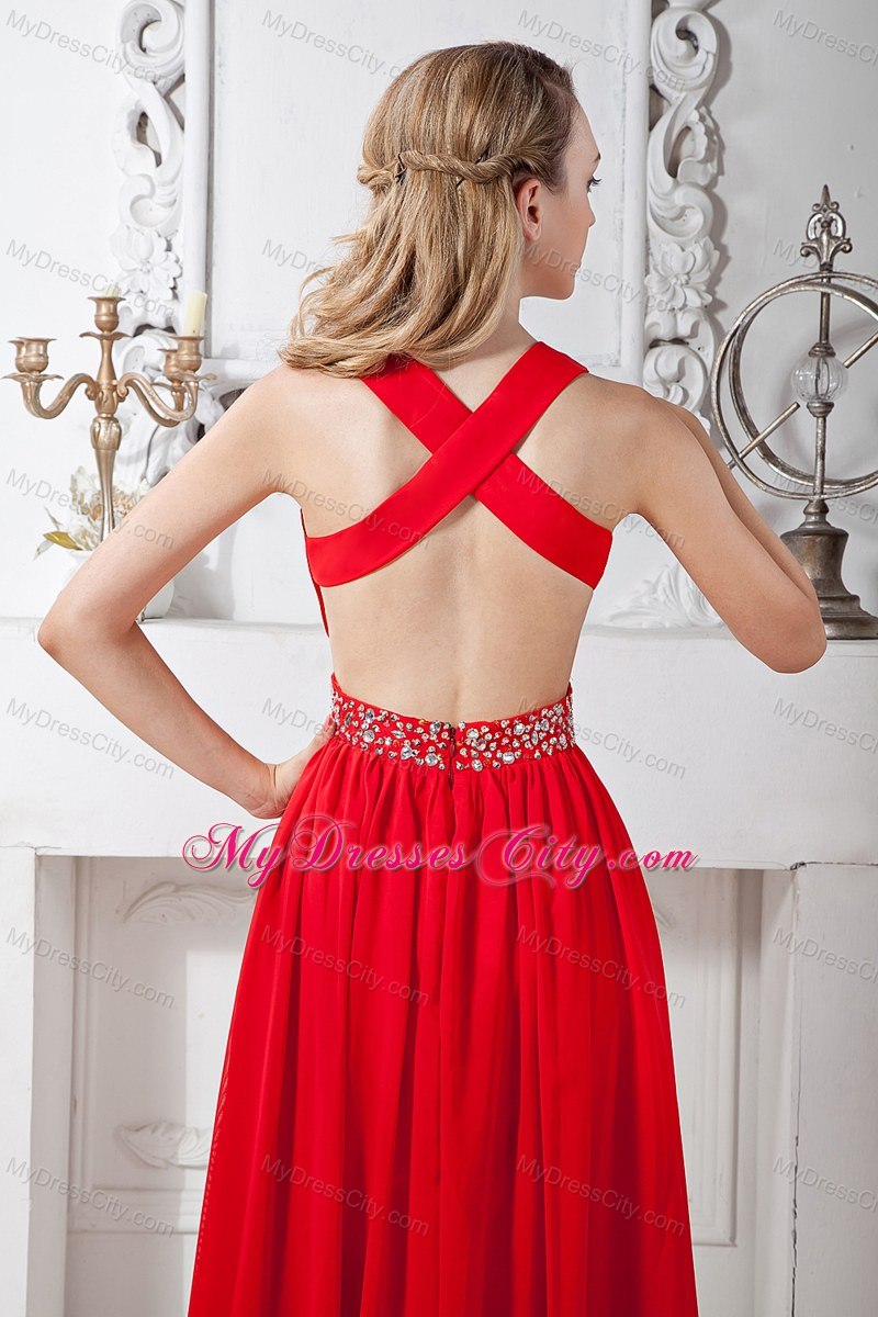 V-neck Chiffon Beaded Homecoming Dress Red with Cross Back