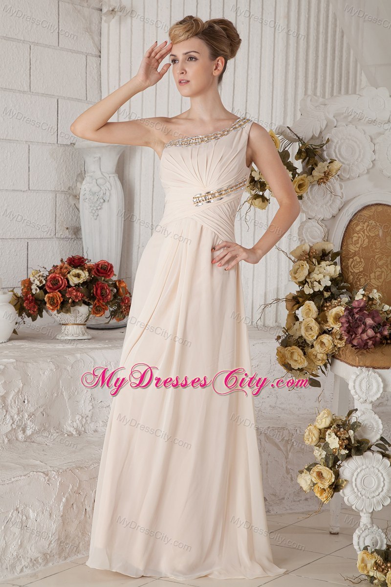 One Shoulder Chiffon Beaded and Ruched Prom Dress Champagne