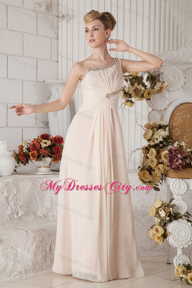 One Shoulder Chiffon Beaded and Ruched Prom Dress Champagne