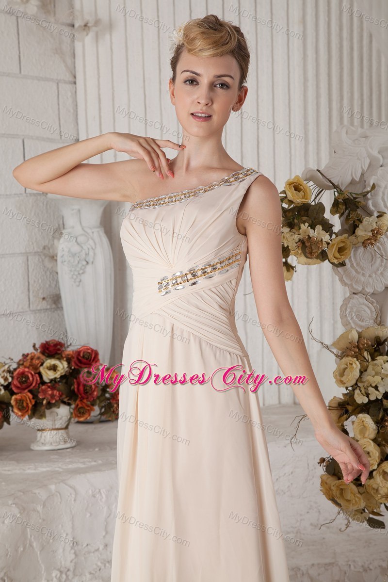 One Shoulder Chiffon Beaded and Ruched Prom Dress Champagne