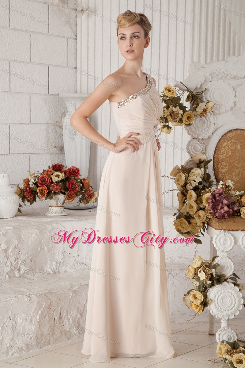 One Shoulder Chiffon Beaded and Ruched Prom Dress Champagne