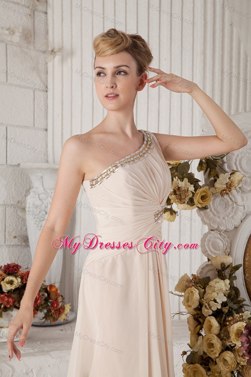 One Shoulder Chiffon Beaded and Ruched Prom Dress Champagne