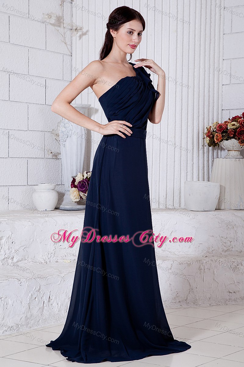 Navy Blue One Shoulder Ruched Prom Dress with Brush Train