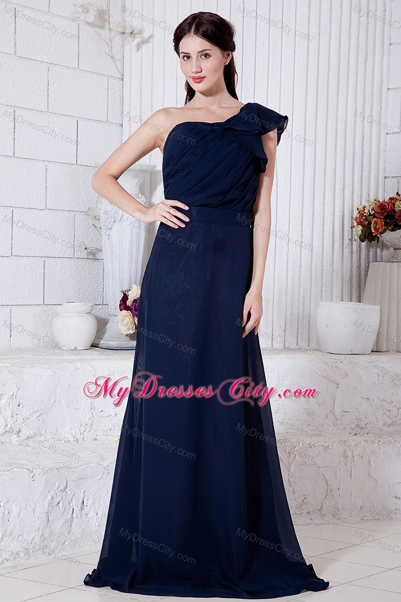 Navy Blue One Shoulder Ruched Prom Dress with Brush Train